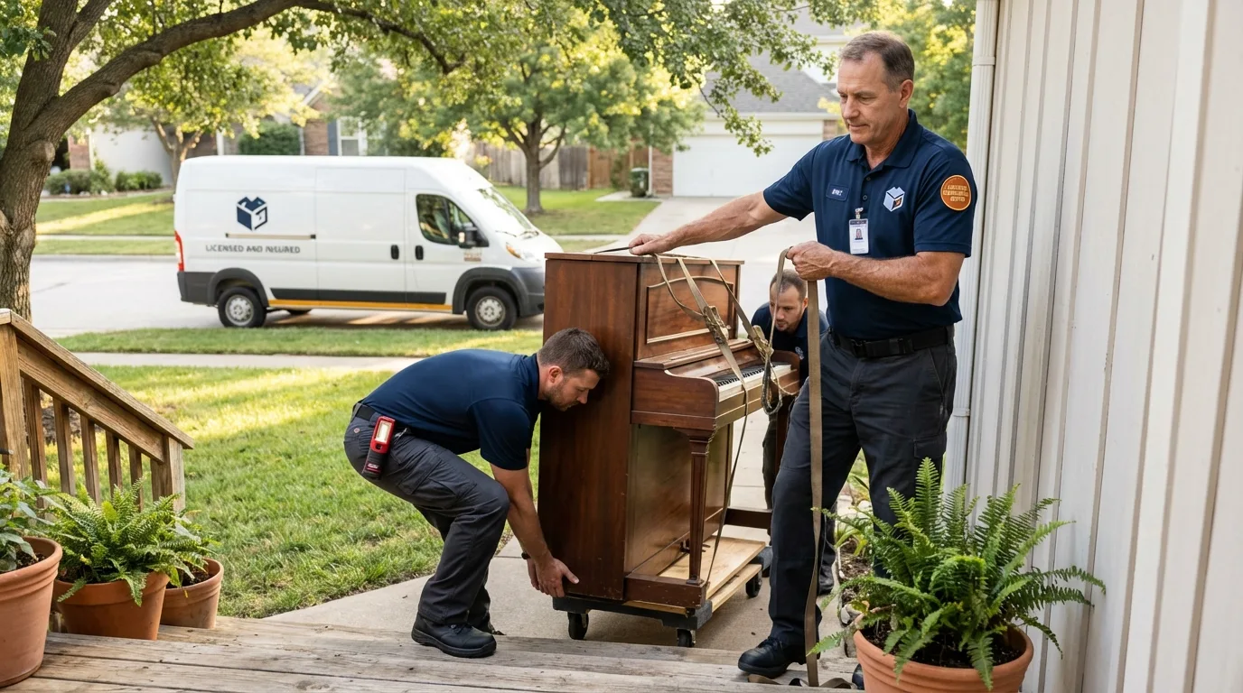 Licensed piano movers securing grand piano in Gambier, OH