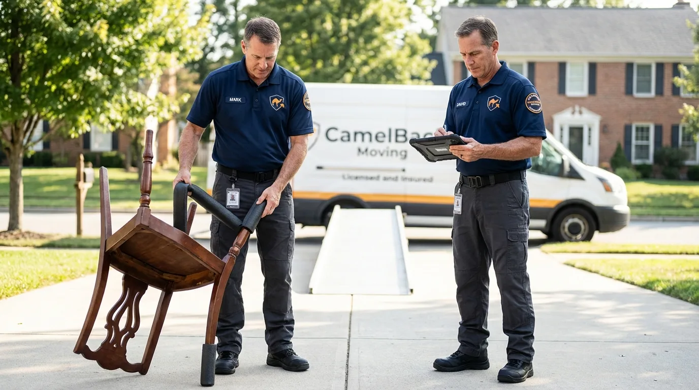 Movers inspecting furniture for damage prevention before loading in Gambier, OH
