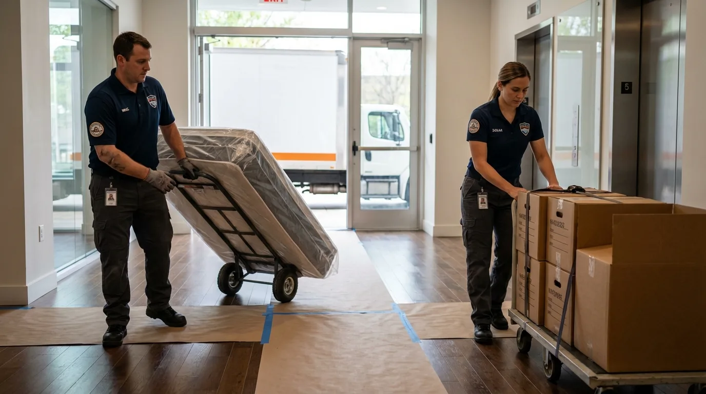 Professional apartment movers loading elevator in Gambier, OH